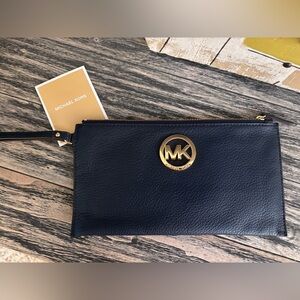 Michael Kors Dark Blue Clutch with Gold Emblem